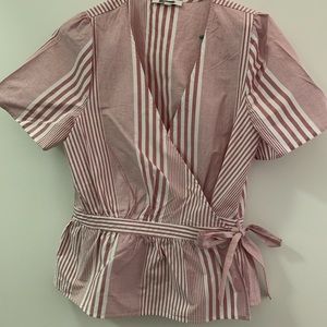 Madewell wrap shirt pinstripe pink and white